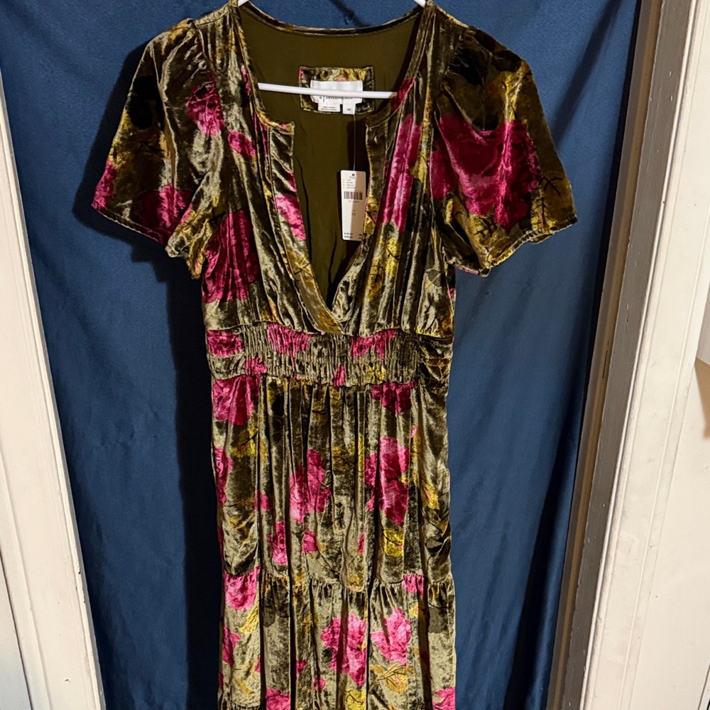 Anthropologie Olive and Fuchsia Velvet Floral Midi Dress